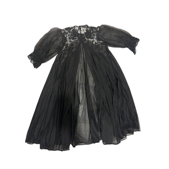 Vintage Eyeful The Flaums Small Lace Nylon Robe Cape Black Sheer Puff Sleeves - Picture 3 of 9